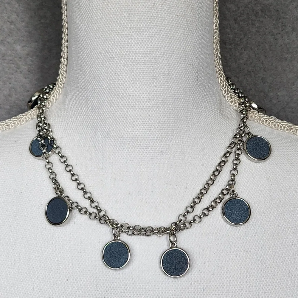 NWT Chico's Delanie Necklace Long Silver Chain + Double Sided Blue Circle Charms